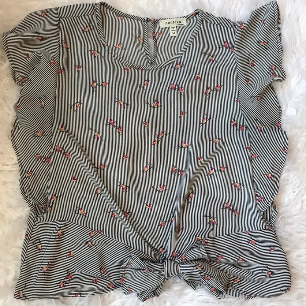 Hummingbird blouse with navy and white stripes